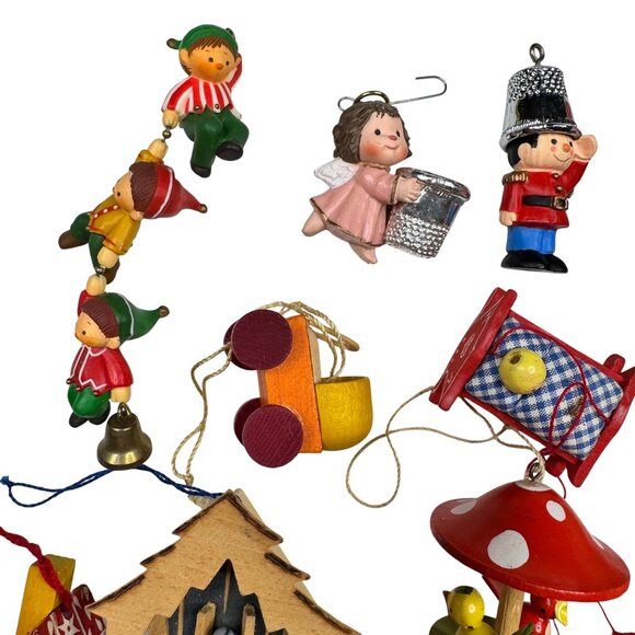 Germany Italy Christmas Ornaments Lot Wooden Handmade Figures Houses Soldier Elf - Picture 4 of 13